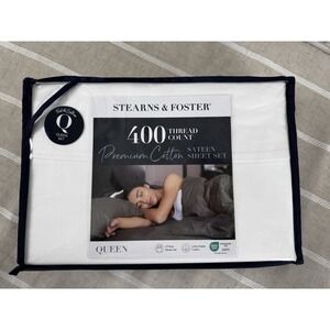 Stearns & Foster Premium Cotton Sateen Sheet Set Queen 400‎ TC Deep Fit White